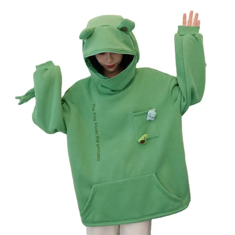 Women's White Frog Hooded Sweatshirt Velvet Autumn Winter - Image 8