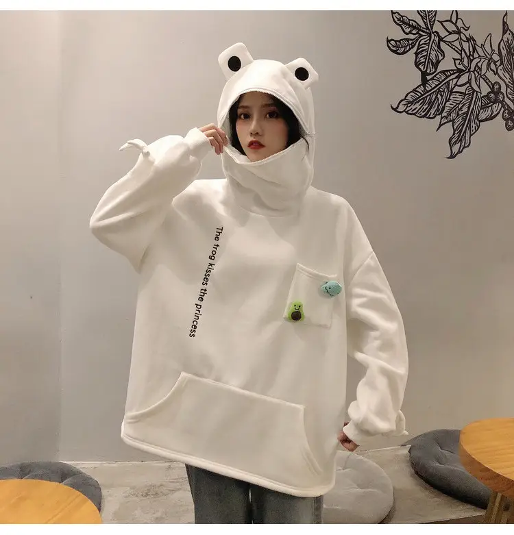 Women's White Frog Hooded Sweatshirt Velvet Autumn Winter — feature 10