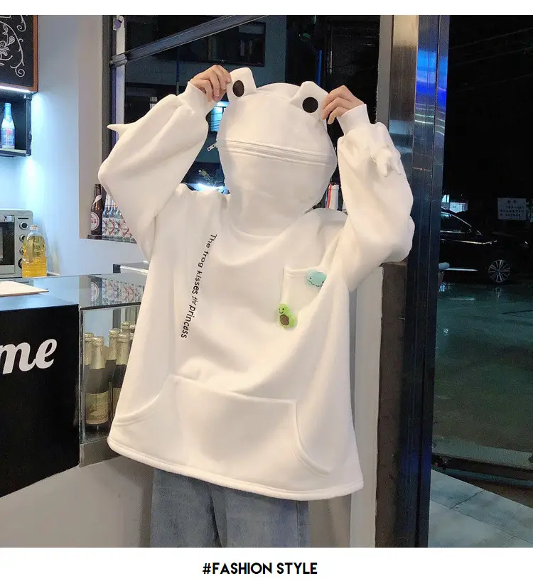 Women's White Frog Hooded Sweatshirt Velvet Autumn Winter — feature 11