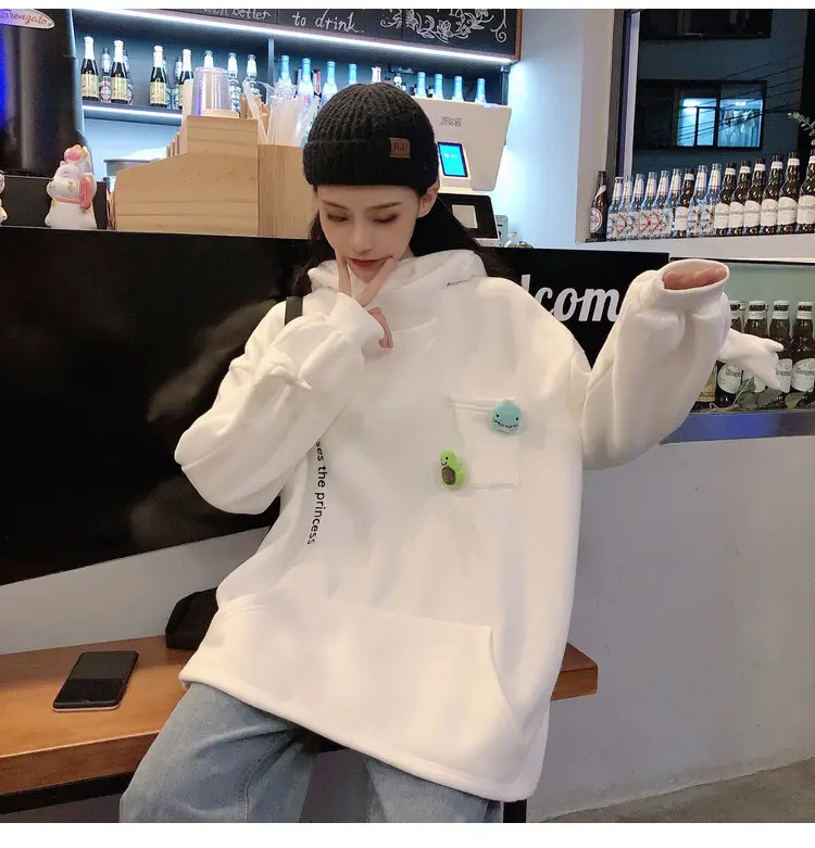 Women's White Frog Hooded Sweatshirt Velvet Autumn Winter — feature 13