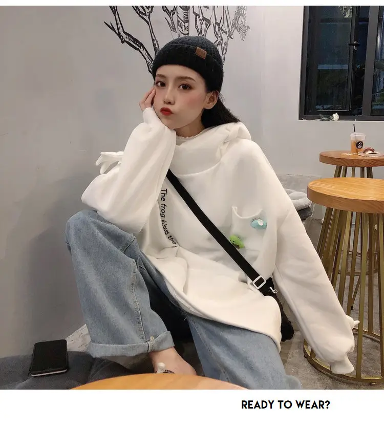 Women's White Frog Hooded Sweatshirt Velvet Autumn Winter — feature 14