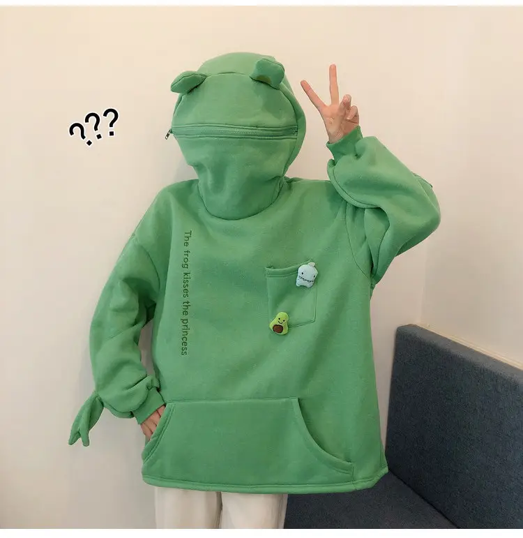 Women's White Frog Hooded Sweatshirt Velvet Autumn Winter — feature 6