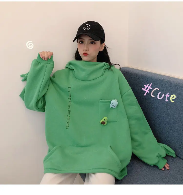Women's White Frog Hooded Sweatshirt Velvet Autumn Winter — feature 7