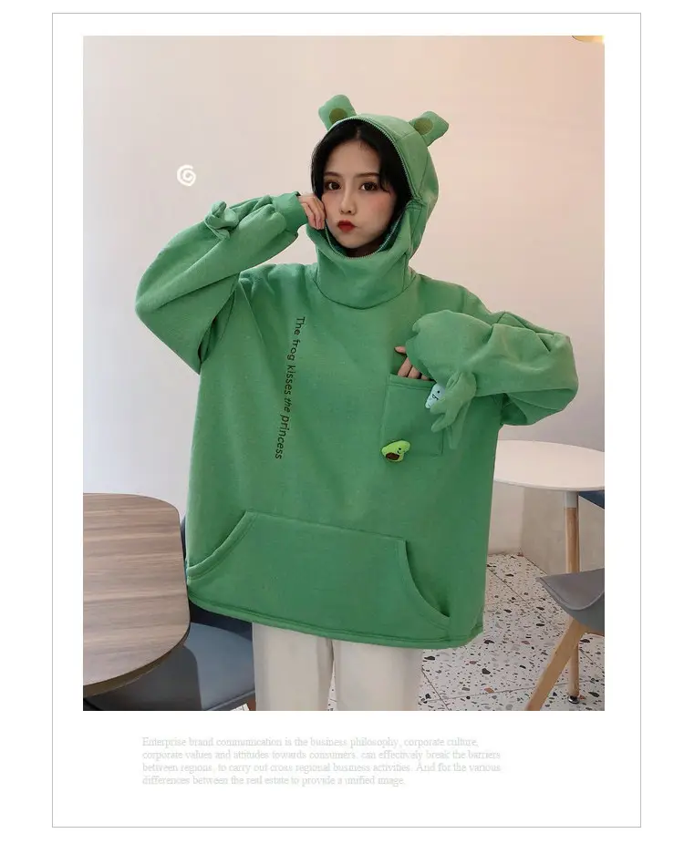 Women's White Frog Hooded Sweatshirt Velvet Autumn Winter — feature 8