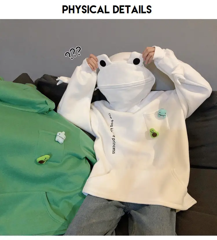 Women's White Frog Hooded Sweatshirt Velvet Autumn Winter — feature 9