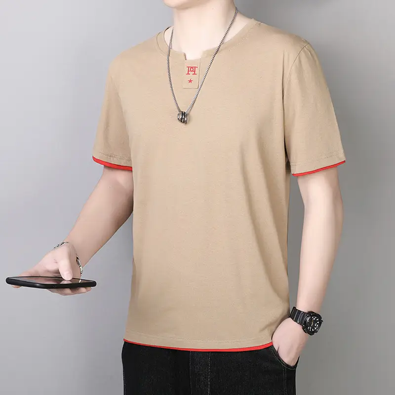 Men's Beige Cotton T-Shirt with Red Trim 2025 - Image 10