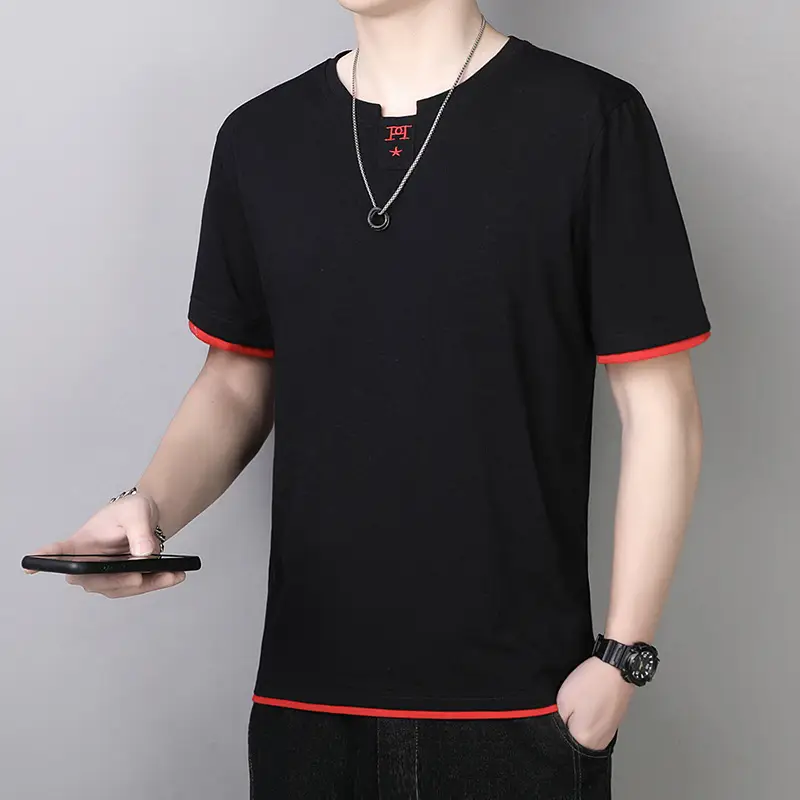 Men's Beige Cotton T-Shirt with Red Trim 2025 - Image 13