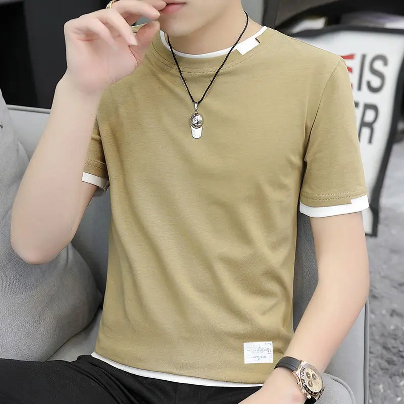 Men's Beige Cotton T-Shirt with Red Trim 2025 - Image 3