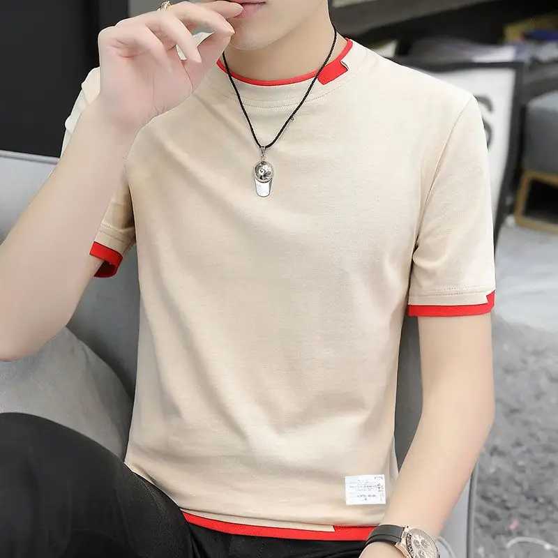 Men's Beige Cotton T-Shirt with Red Trim 2025 - Image 8
