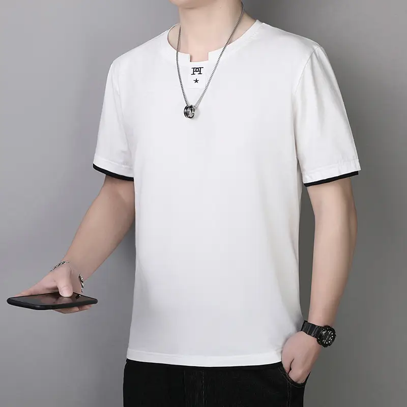 Men's Beige Cotton T-Shirt with Red Trim 2025 - Image 9