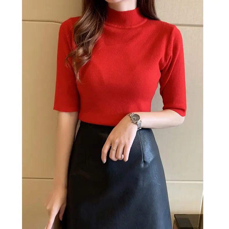 Women's 2025 Half Turtleneck Knit Shirt Maroon Slim Fit - Image 15