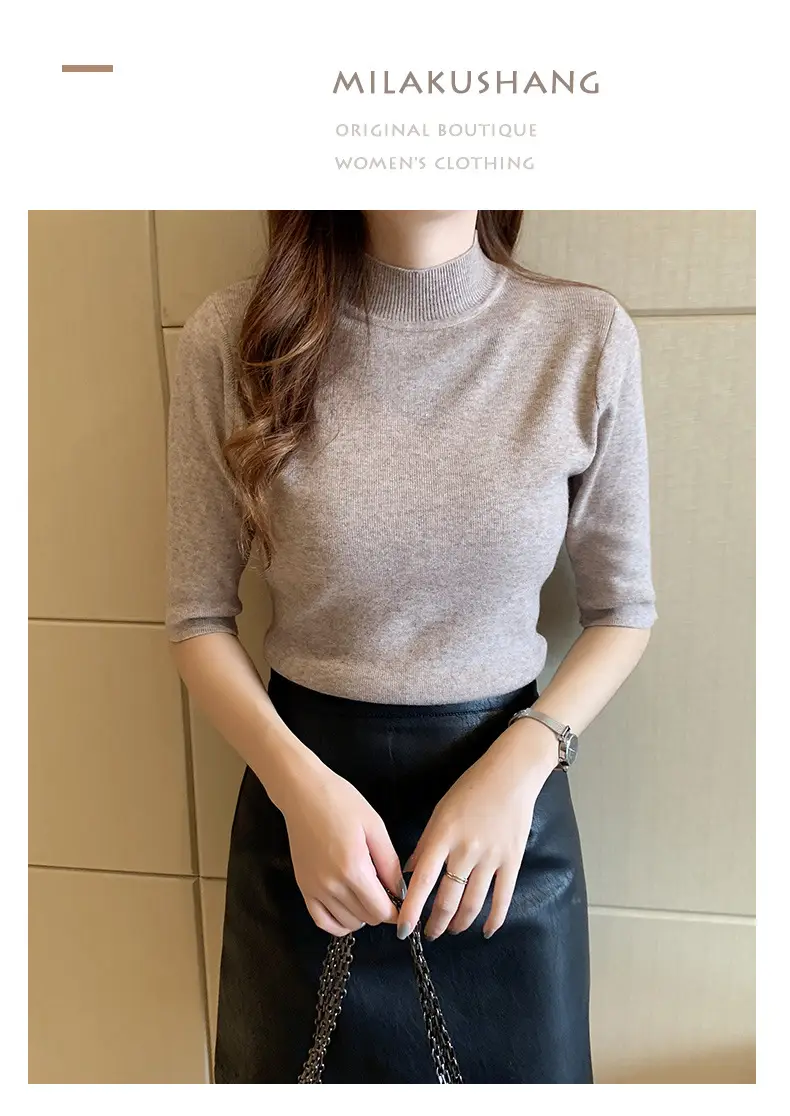 Women's 2025 Half Turtleneck Knit Shirt Maroon Slim Fit — feature 13