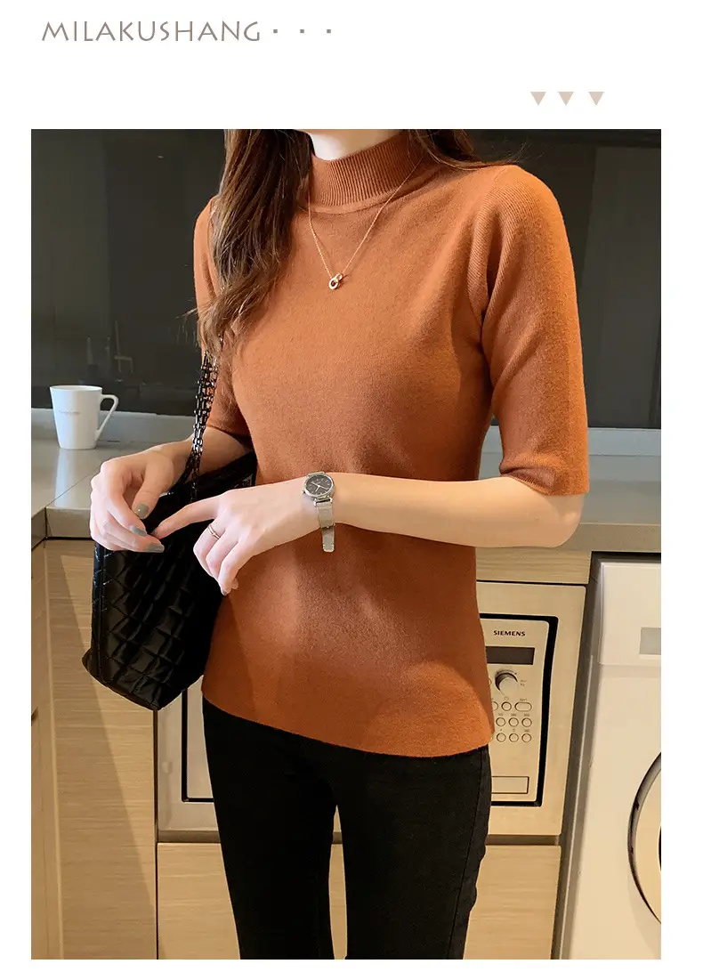 Women's 2025 Half Turtleneck Knit Shirt Maroon Slim Fit — feature 15