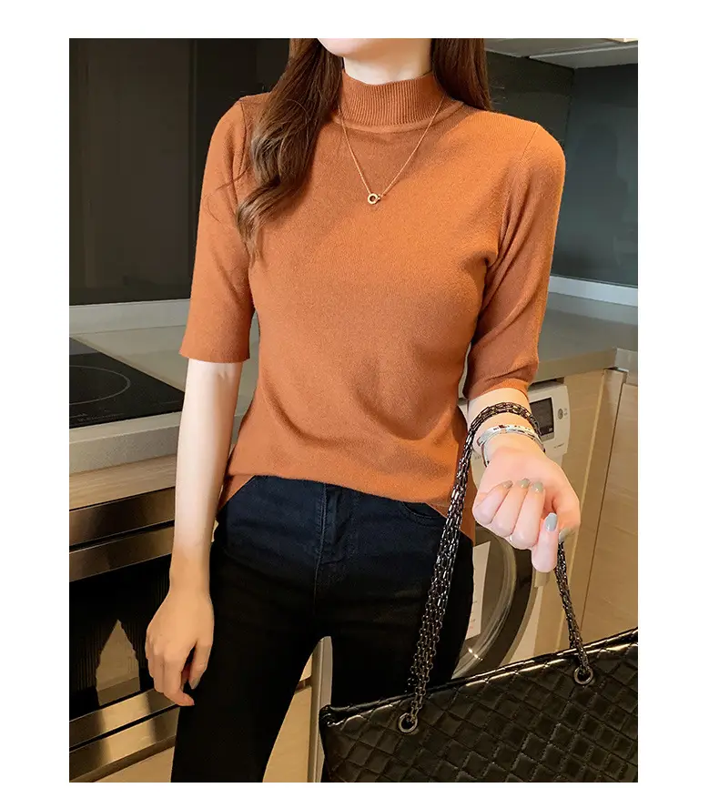 Women's 2025 Half Turtleneck Knit Shirt Maroon Slim Fit — feature 16