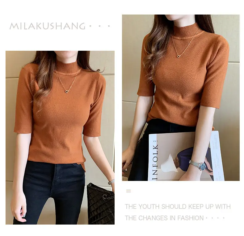 Women's 2025 Half Turtleneck Knit Shirt Maroon Slim Fit — feature 17