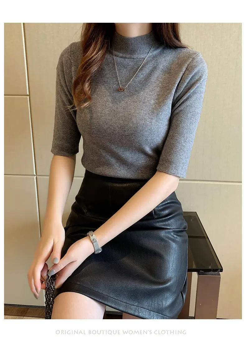 Women's 2025 Half Turtleneck Knit Shirt Maroon Slim Fit — feature 18