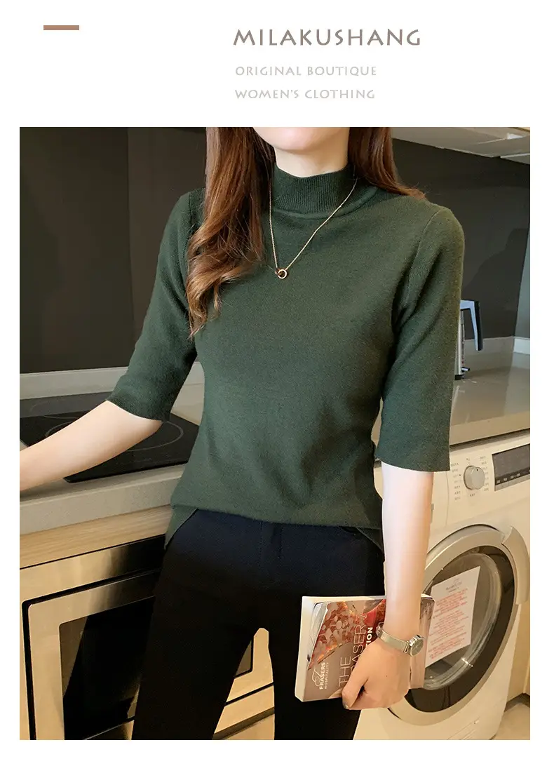 Women's 2025 Half Turtleneck Knit Shirt Maroon Slim Fit — feature 20