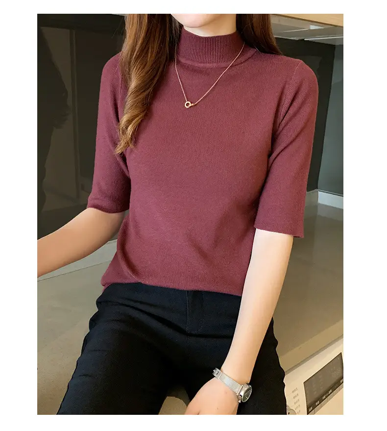 Women's 2025 Half Turtleneck Knit Shirt Maroon Slim Fit — feature 24
