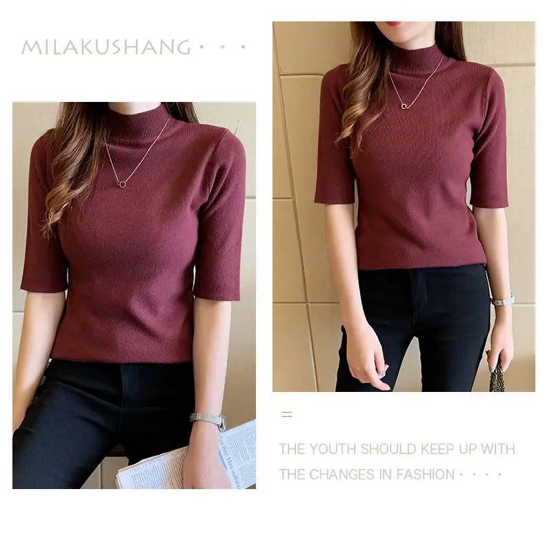Women's 2025 Half Turtleneck Knit Shirt Maroon Slim Fit — feature 25
