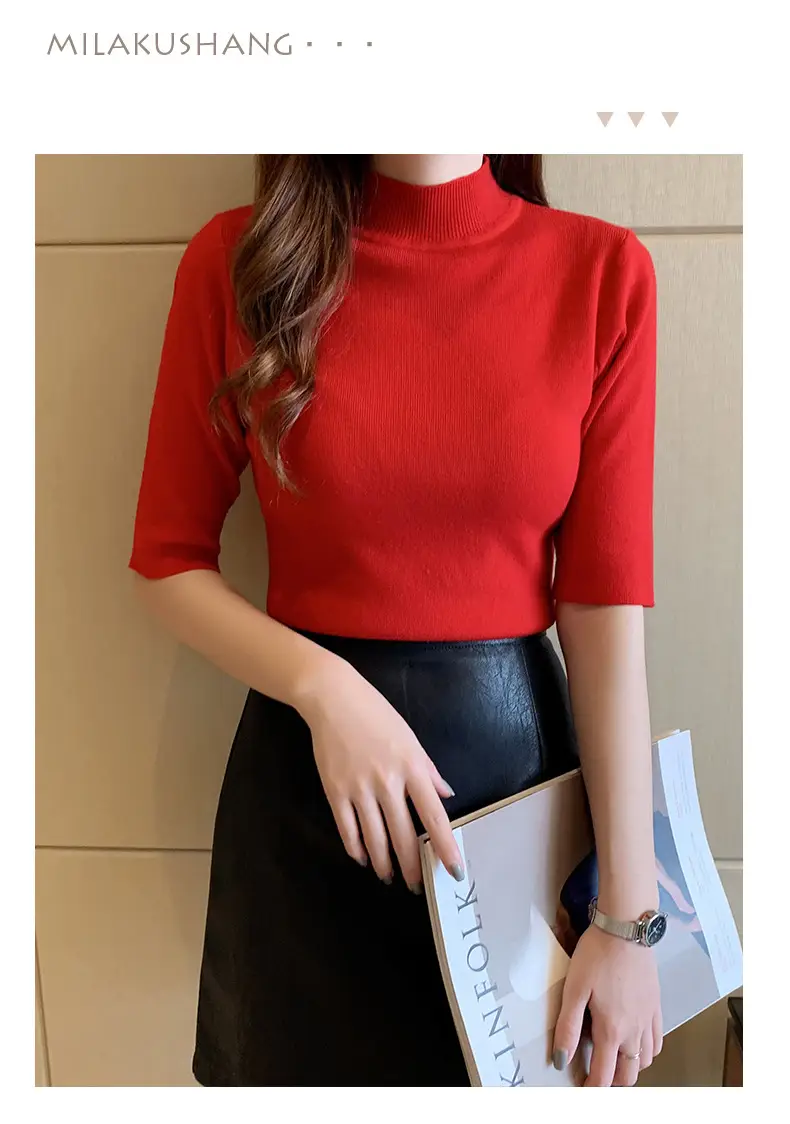Women's 2025 Half Turtleneck Knit Shirt Maroon Slim Fit — feature 37
