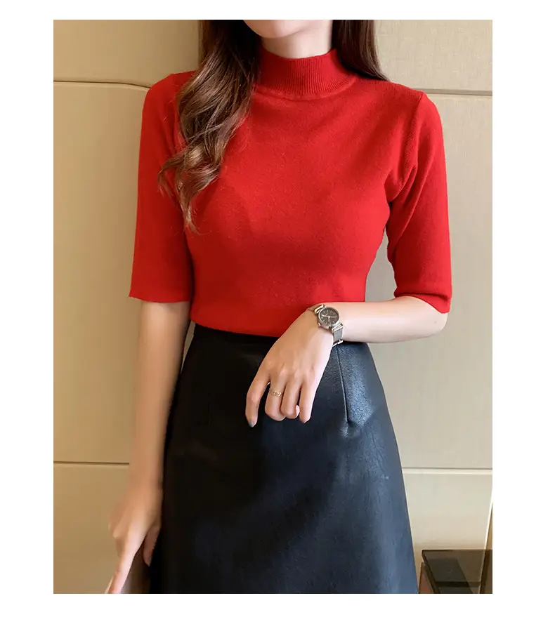 Women's 2025 Half Turtleneck Knit Shirt Maroon Slim Fit — feature 38