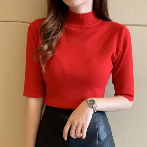 Women's 2025 Half Turtleneck Knit Shirt Maroon Slim Fit - Image 4