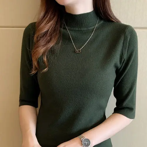 Women's 2025 Half Turtleneck Knit Shirt Maroon Slim Fit - Image 9