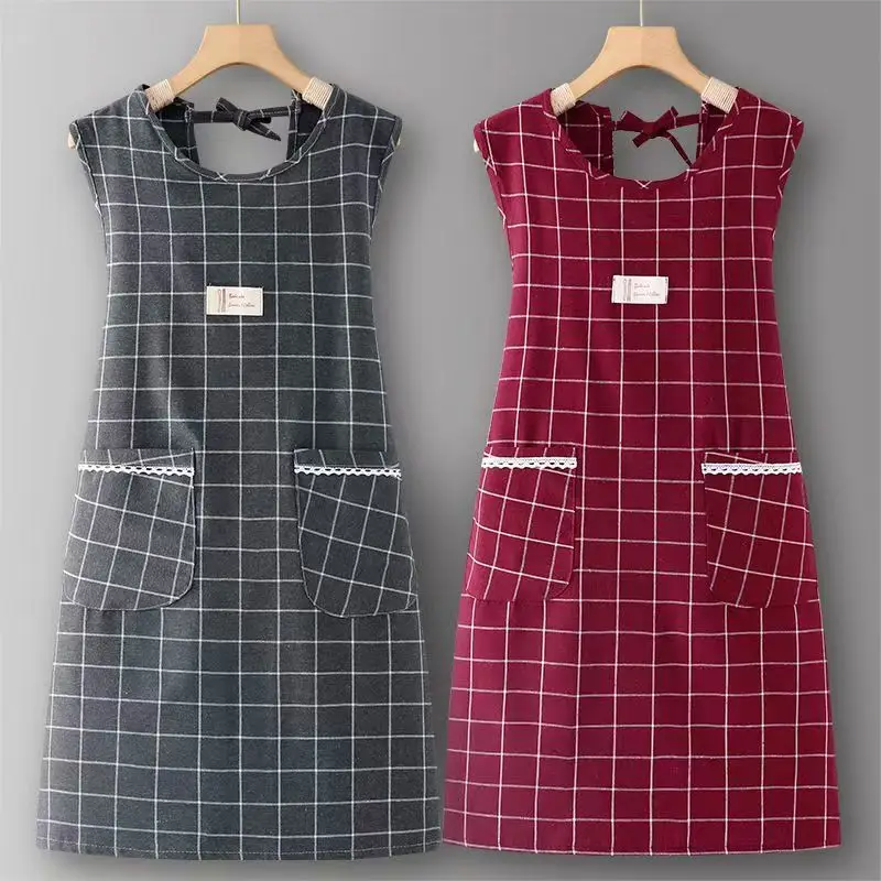 Women Korean Style Cotton Apron Set Gray Red