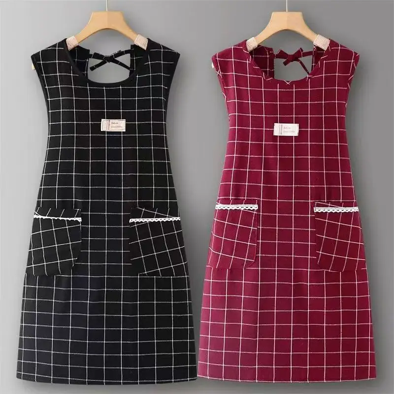 Women Korean Style Cotton Apron Set Gray Red — feature 1