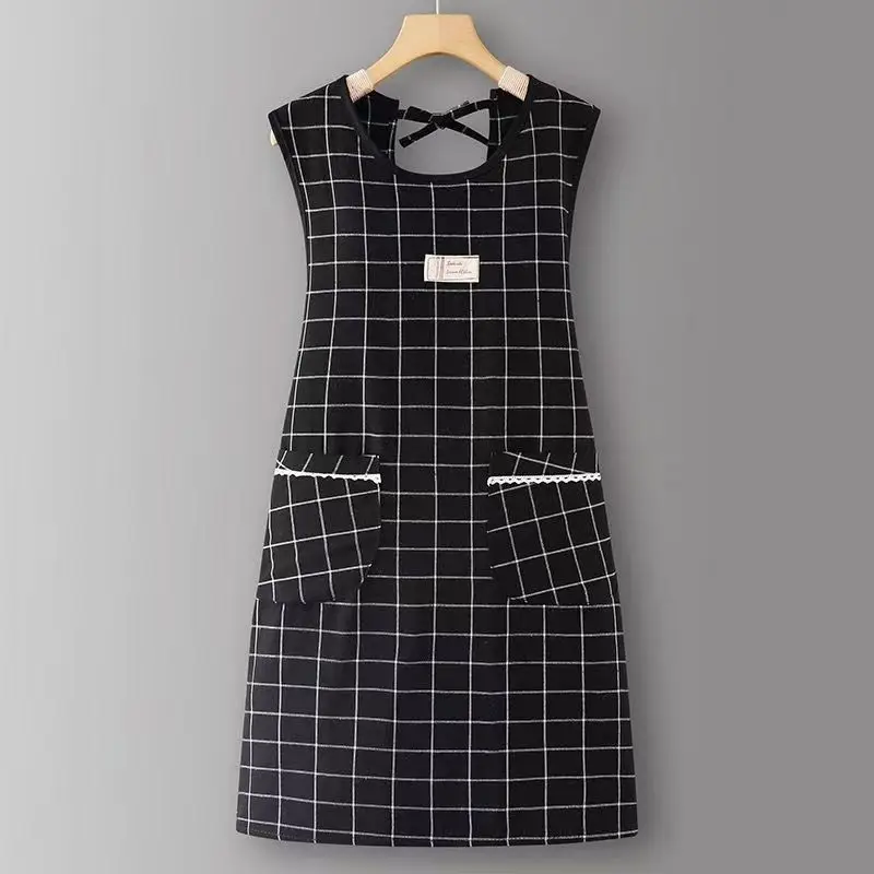 Women Korean Style Cotton Apron Set Gray Red