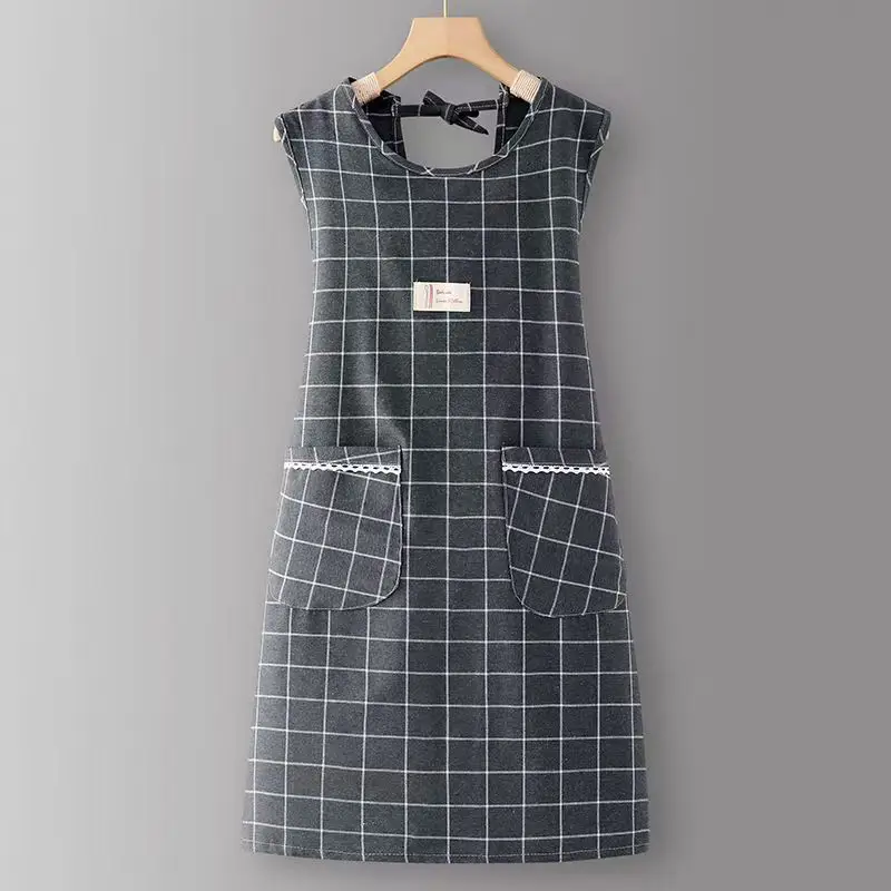 Women Korean Style Cotton Apron Set Gray Red