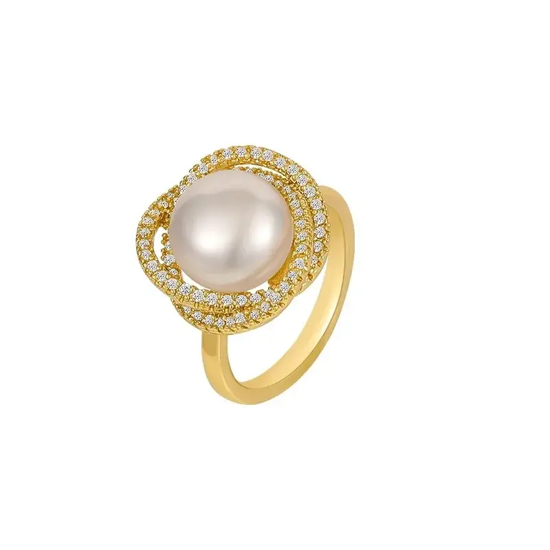 Guan Yu Pearl Ring with Full Diamonds Hollow Design - Image 6