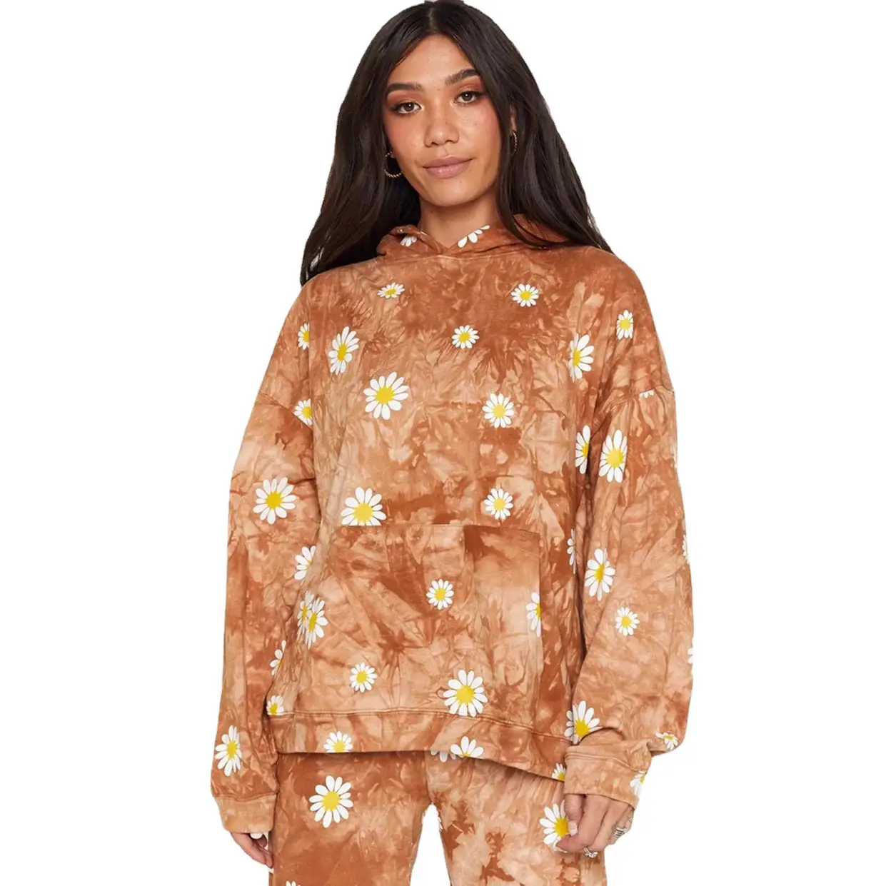 Women Cross-Border Daisy Tie-Dye Hooded Sweatshirt Brown - Image 7