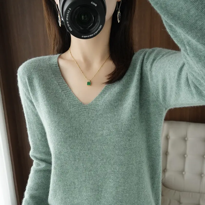Women's Pink V-Neck Pullover Sweater 2021 Winter - Image 14