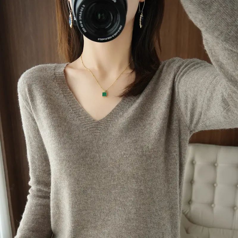 Women's Pink V-Neck Pullover Sweater 2021 Winter - Image 15