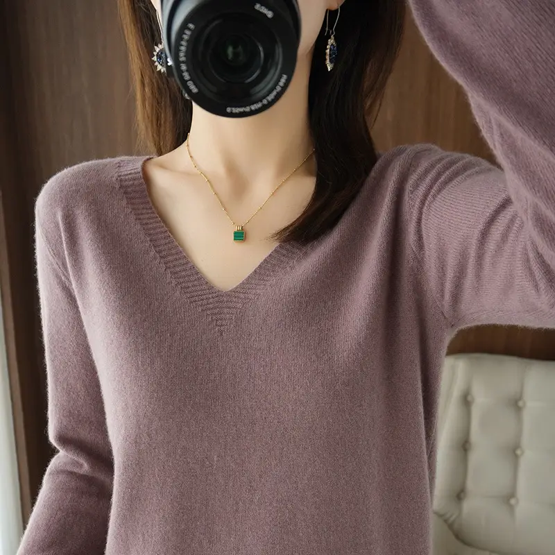 Women's Pink V-Neck Pullover Sweater 2021 Winter - Image 16