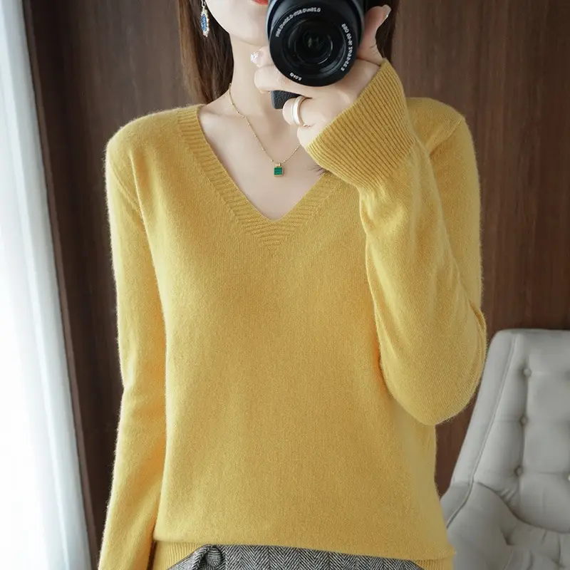 Women's Pink V-Neck Pullover Sweater 2021 Winter - Image 11