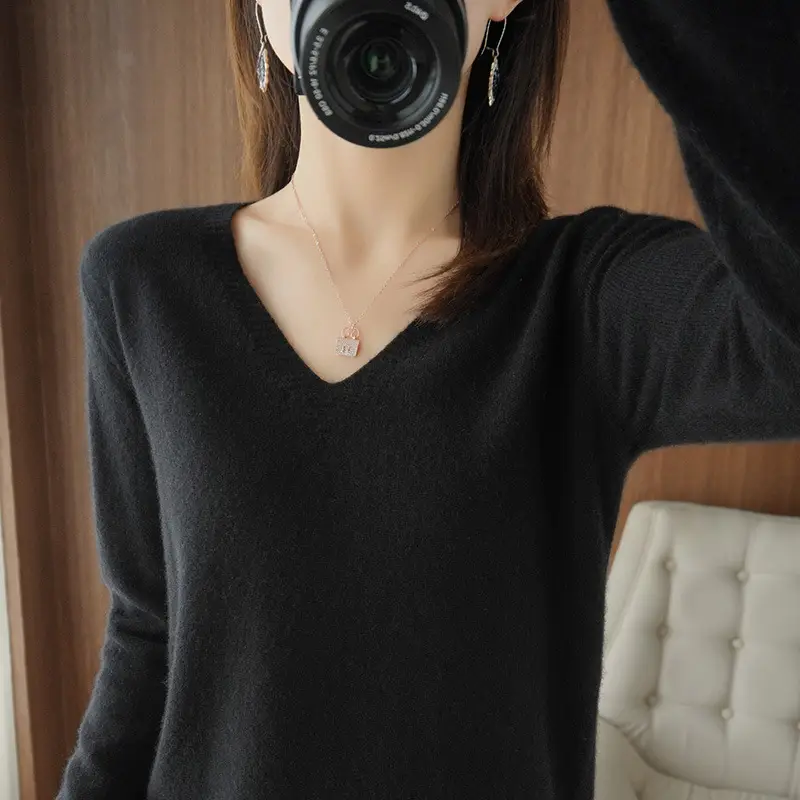 Women's Pink V-Neck Pullover Sweater 2021 Winter - Image 13