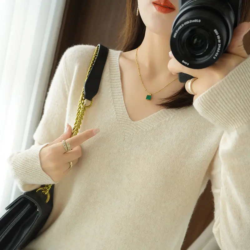 Women's Pink V-Neck Pullover Sweater 2021 Winter - Image 2