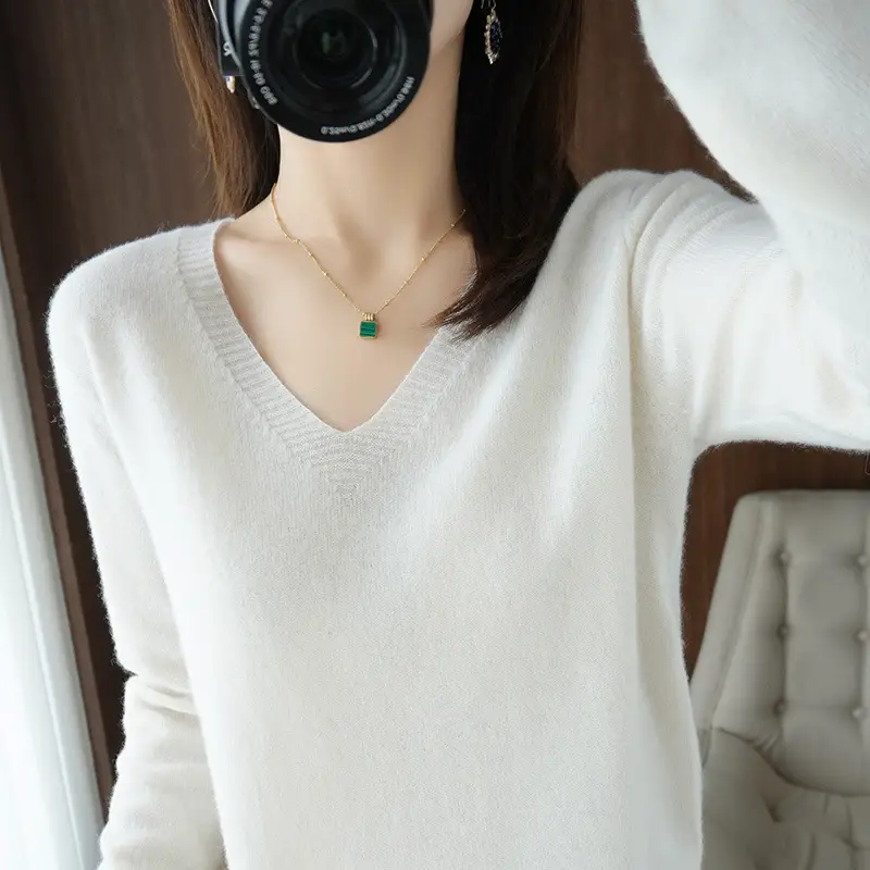 Women's Pink V-Neck Pullover Sweater 2021 Winter - Image 3
