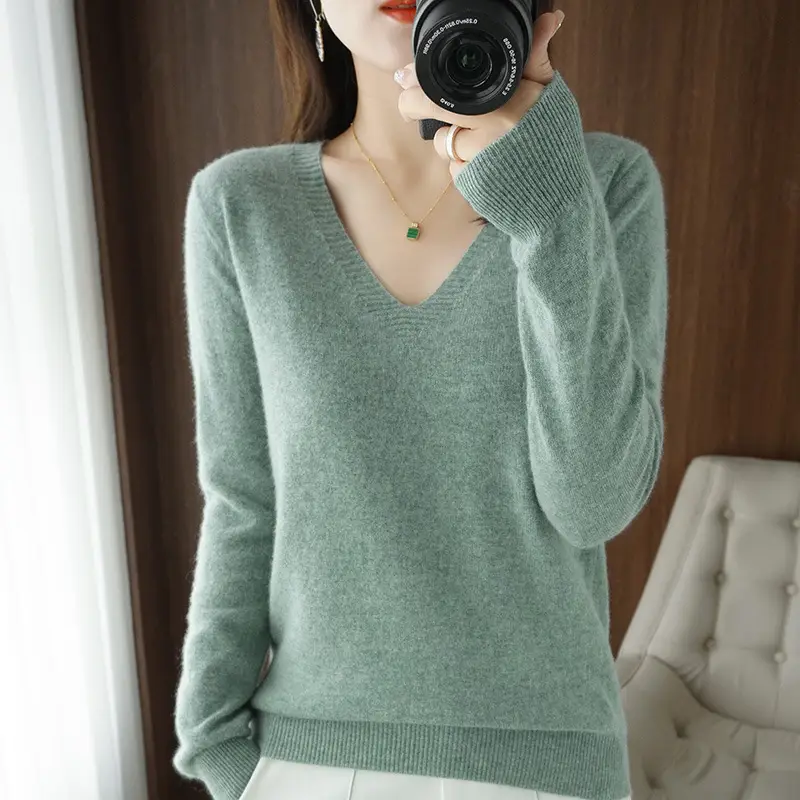 Women's Pink V-Neck Pullover Sweater 2021 Winter - Image 7