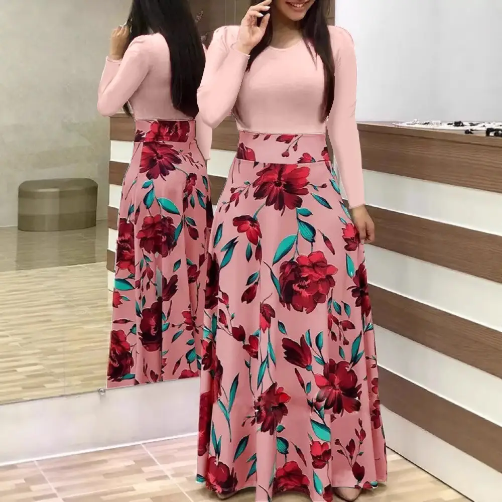 Long Sleeve Floral Print Dress Red White Skirt Set - Image 30
