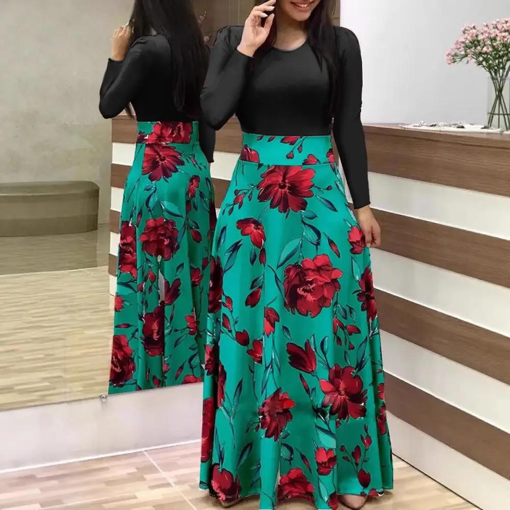 Long Sleeve Floral Print Dress Red White Skirt Set - Image 31