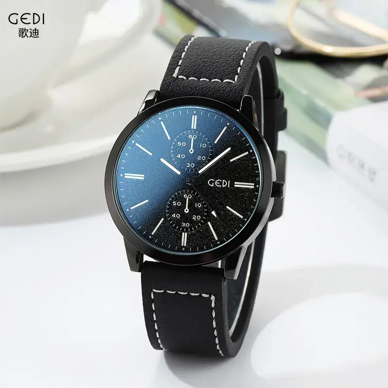 Men's Black Leather Belt Watch with White Dial - Image 5