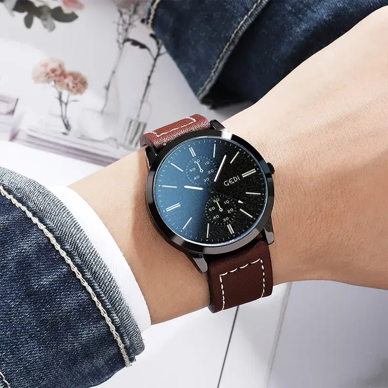 Men's Black Leather Belt Watch with White Dial - Image 7