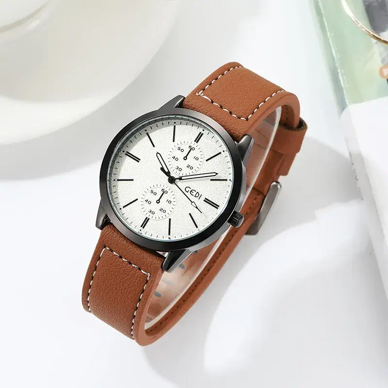 Men's Black Leather Belt Watch with White Dial - Image 2