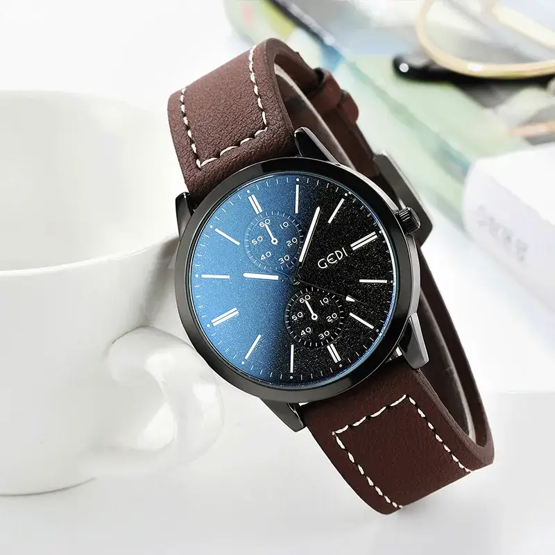 Men's Black Leather Belt Watch with White Dial - Image 3