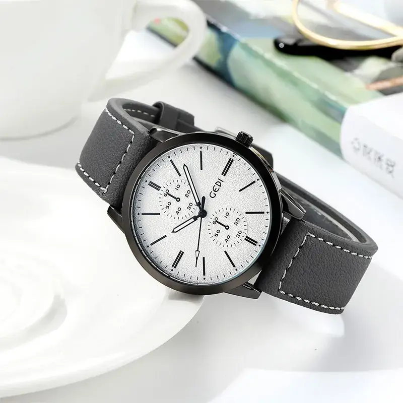 Men's Black Leather Belt Watch with White Dial - Image 4