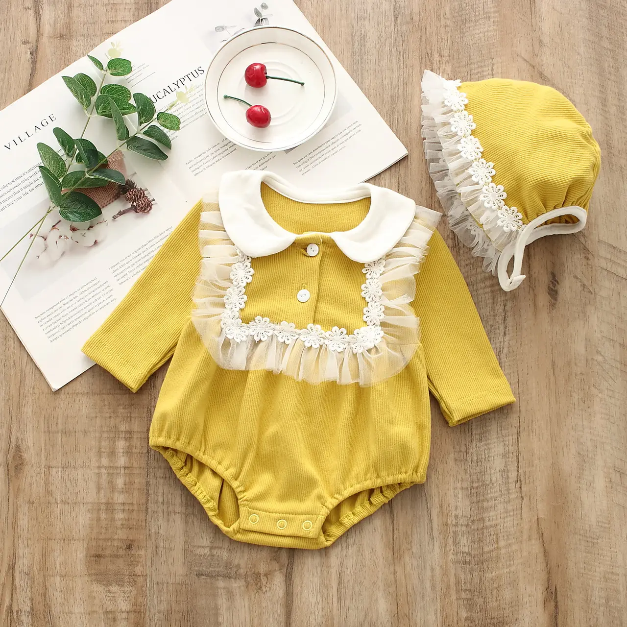 Yellow Cotton Baby Suit with Hat Set for Baby - Image 8