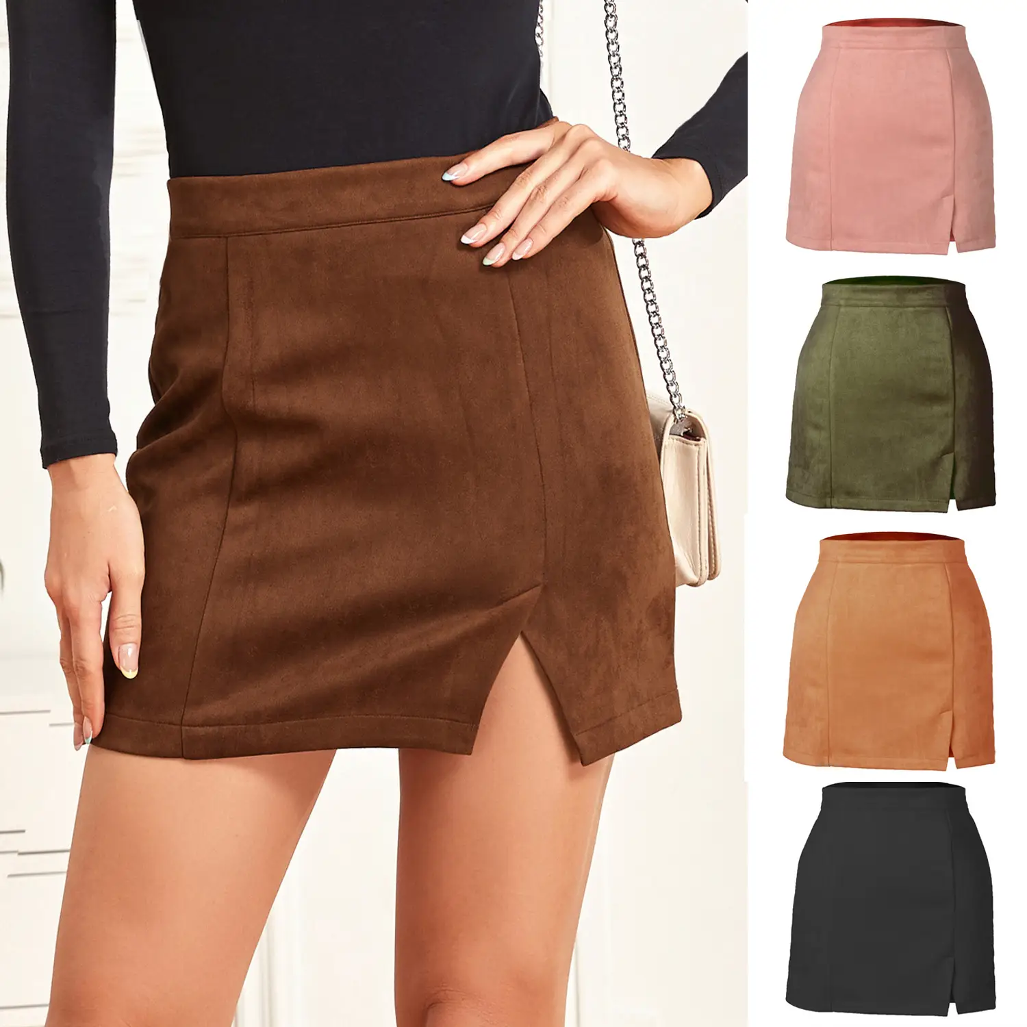 Women Suede Hip-Covering Short Skirt Navy High Waist Zipper - Image 18